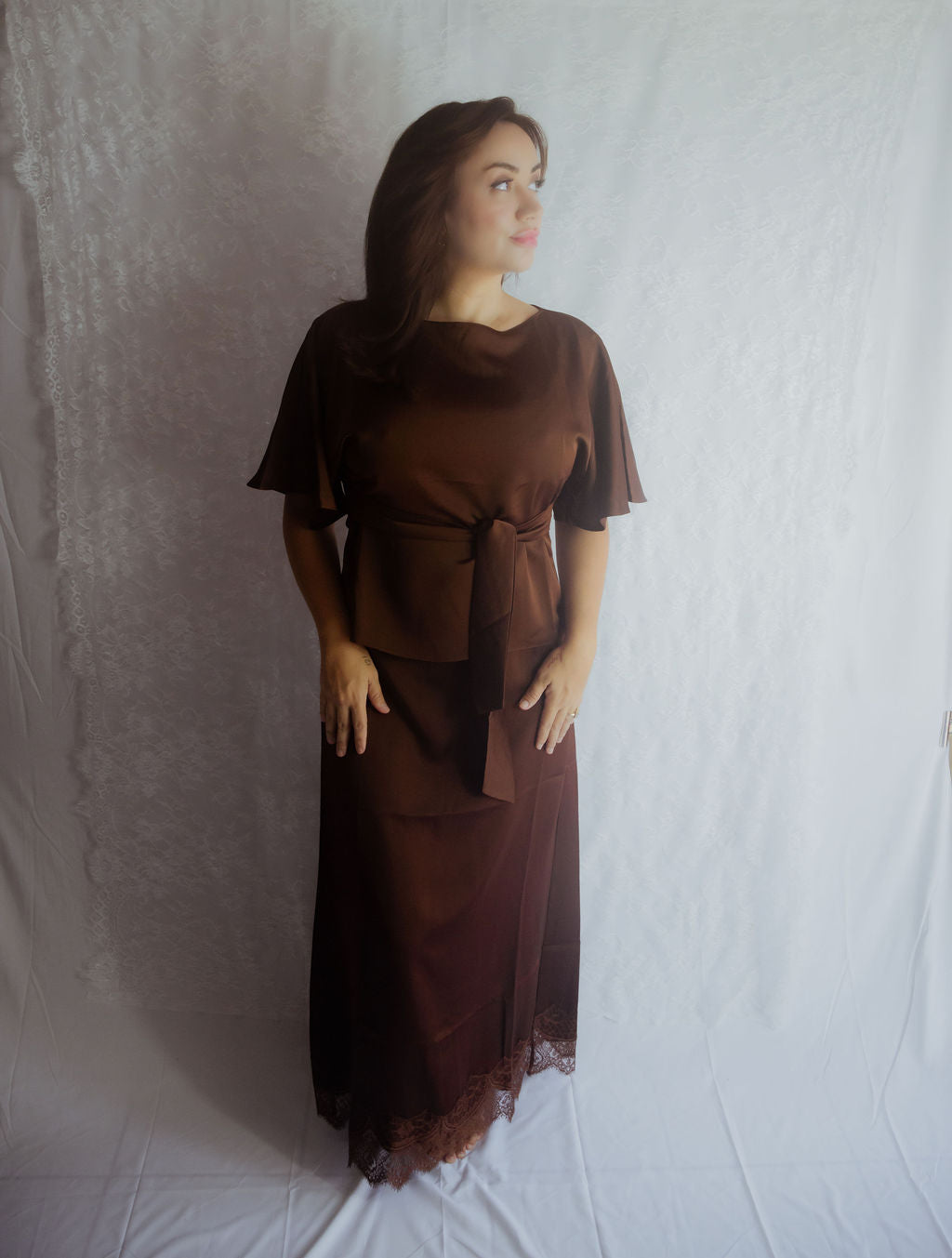 Espresso Satin Set with Lace Detail