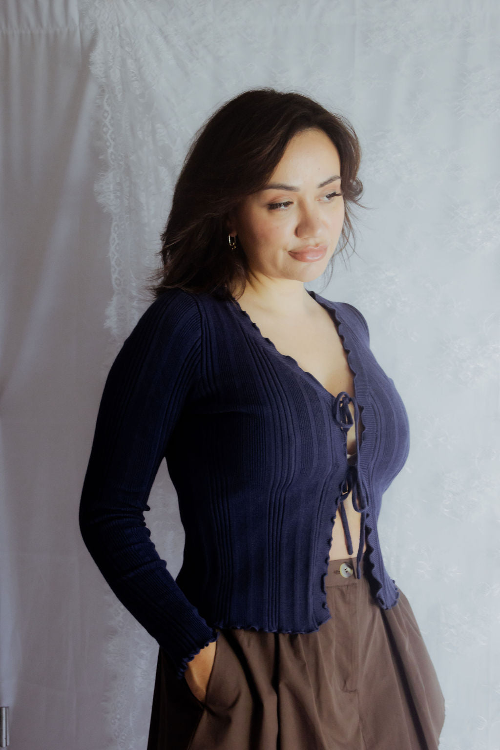 Navy Frill Edge Knitted Top