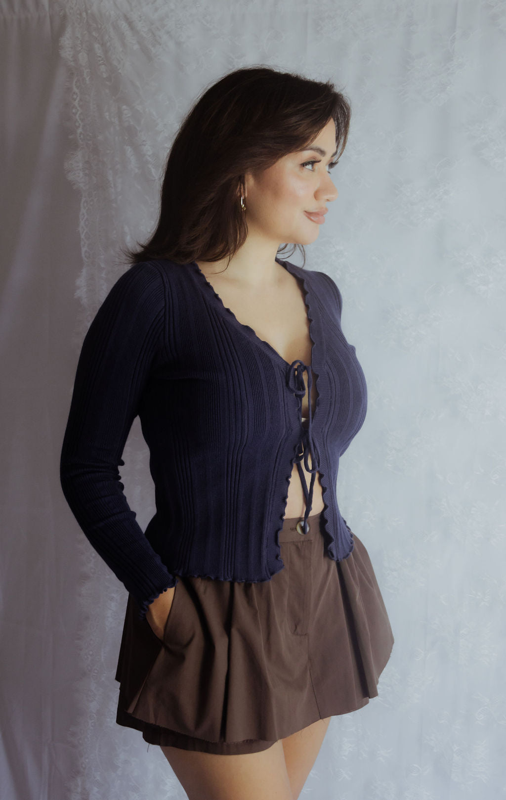 Navy Frill Edge Knitted Top
