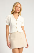 White Button Front Top with Puff Sleeves